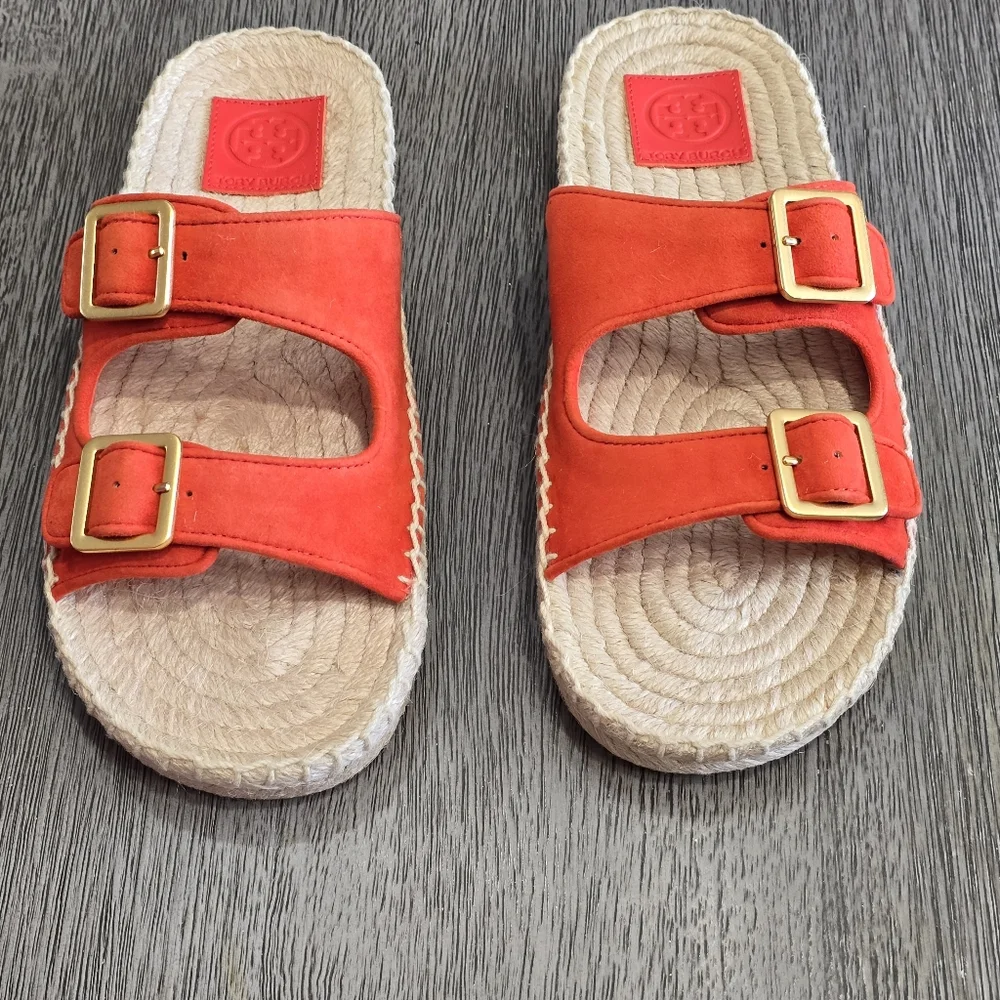Tory Burch Selby Two Band Suede Leather Espadrille Flat Slide Bright Samba 6.5